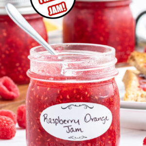 pinterest pin for raspberry orange freezer jam