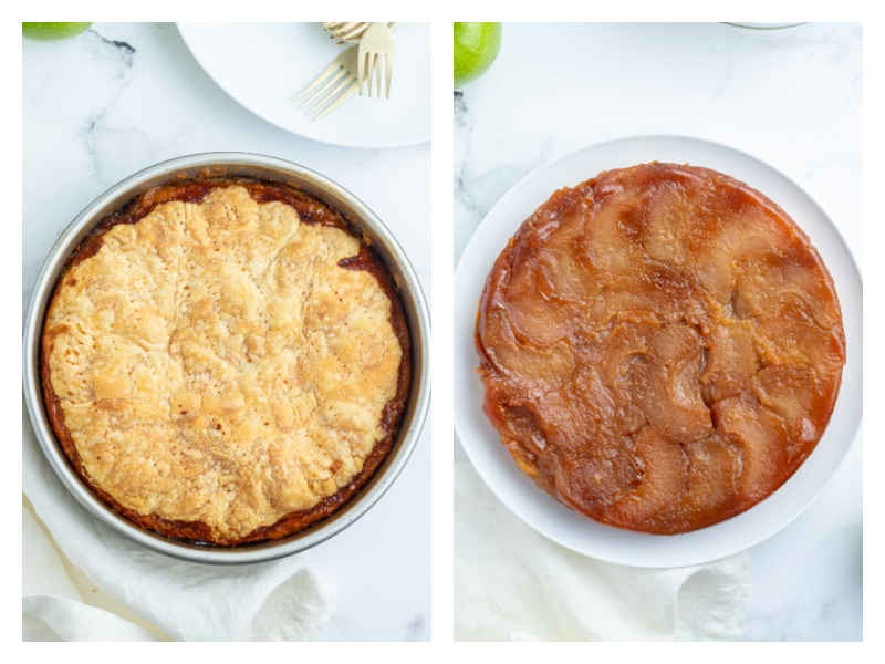 two photos showing easy apple tarte tatin just out of oven and flipped upside down