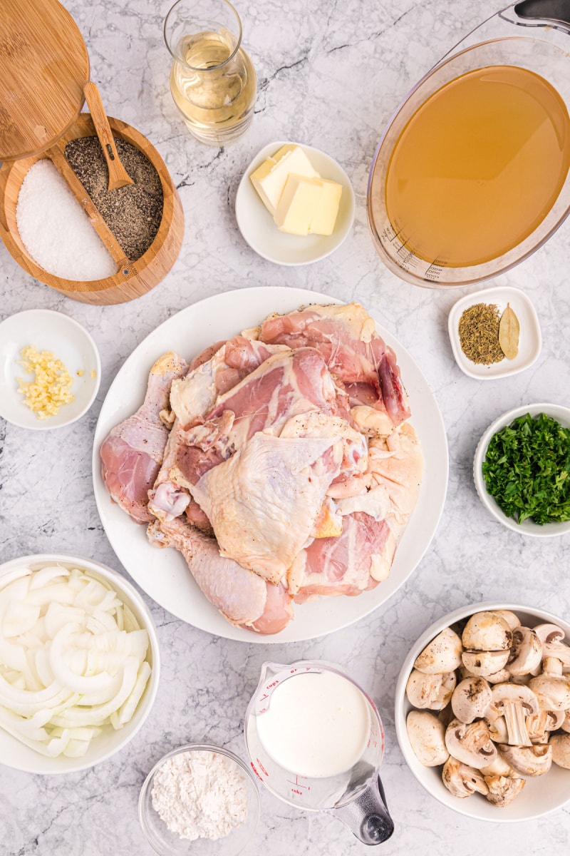 ingredients displayed for making chicken fricassee