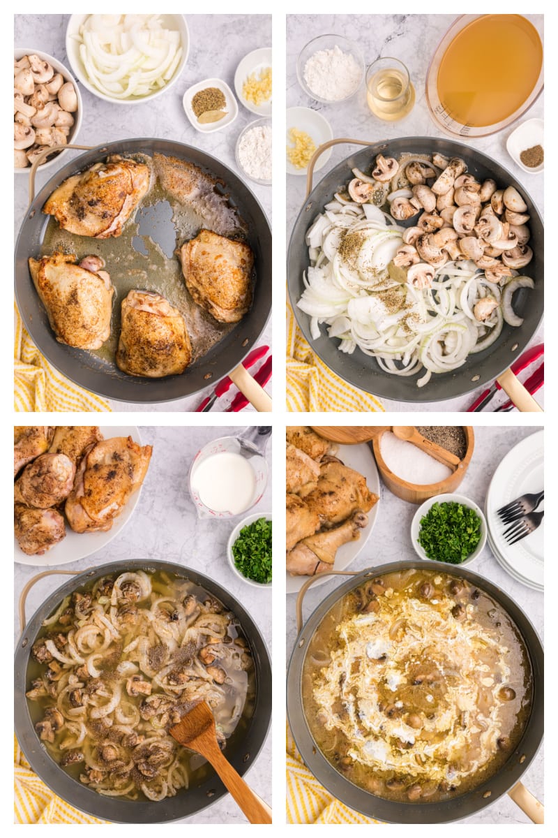 four photos showing how to make chicken fricassee in a pan