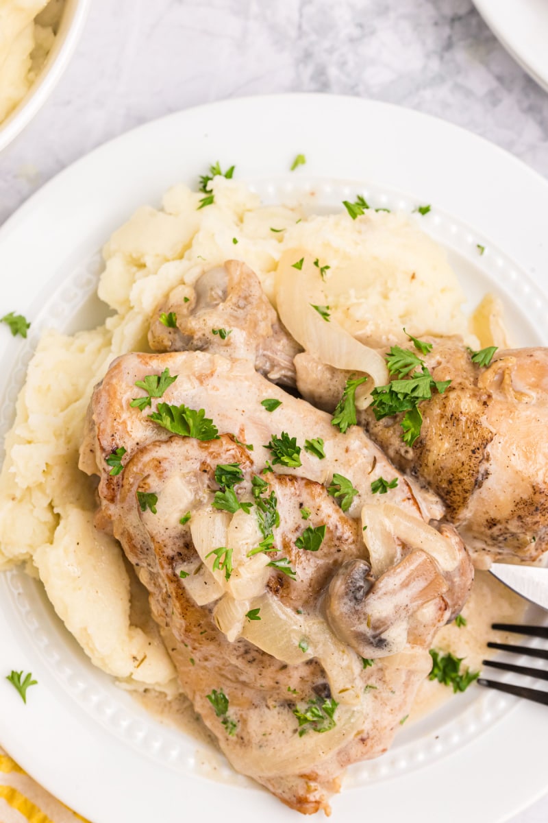 plate of chicken fricassee served over potatoes