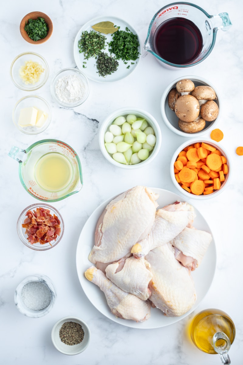 ingredients displayed for making coq au vin