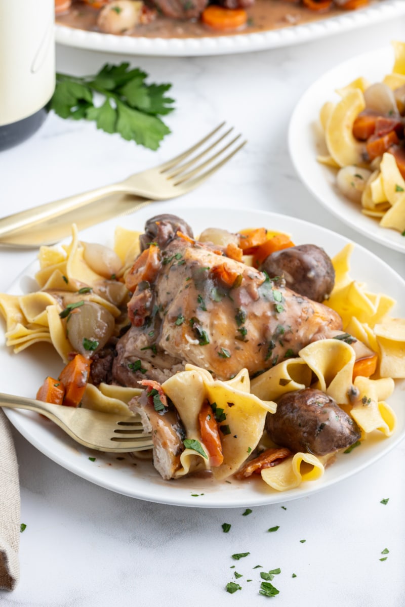 serving of coq au vin on a plate over noodles