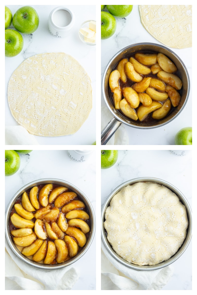 four photos showing how to make easy apple tarte tatin