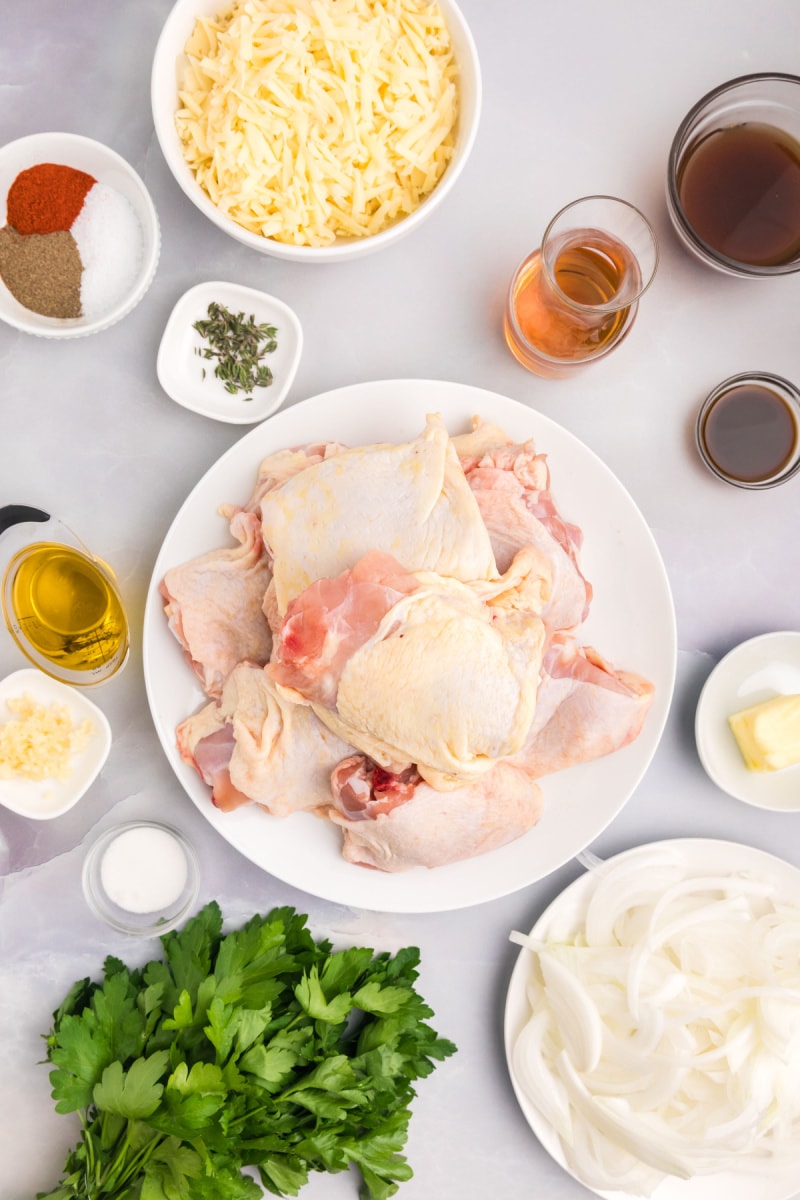 ingredients displayed for making french onion sheet pan chicken