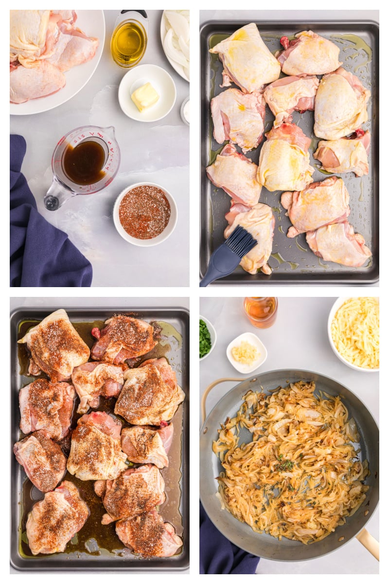 four photos showing how to make french onion sheet pan chicken