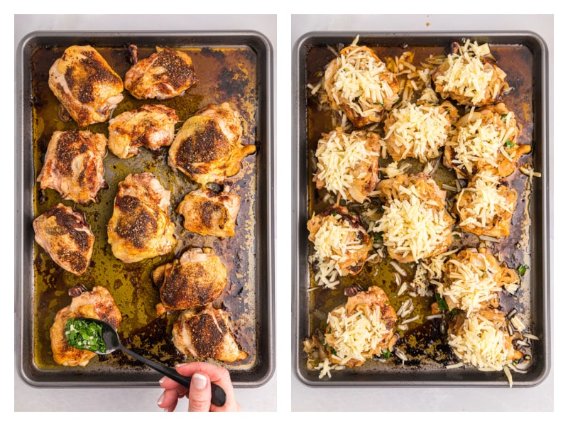 two photos showing adding finishing touches to french onion sheet pan chicken