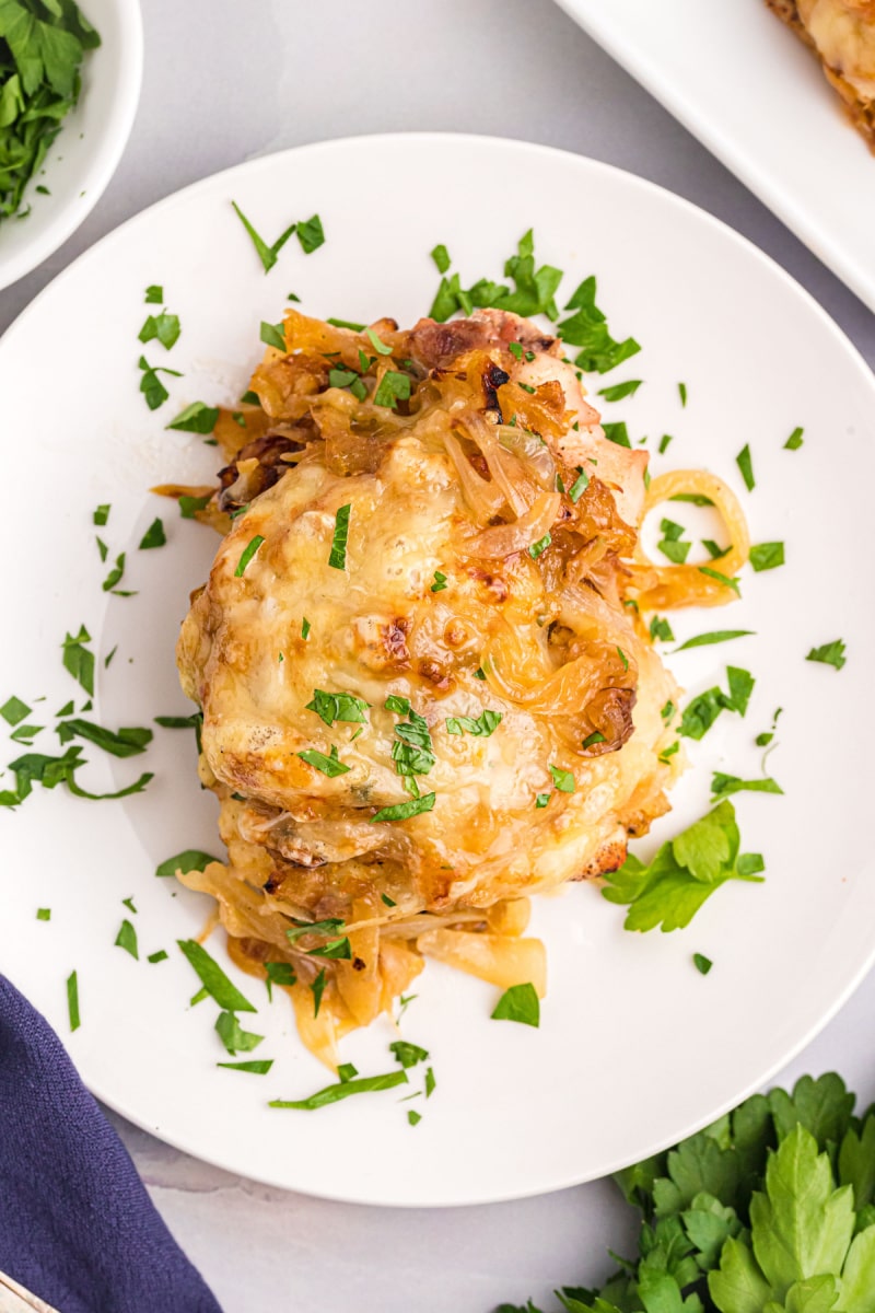 french onion sheet pan chicken on a plate