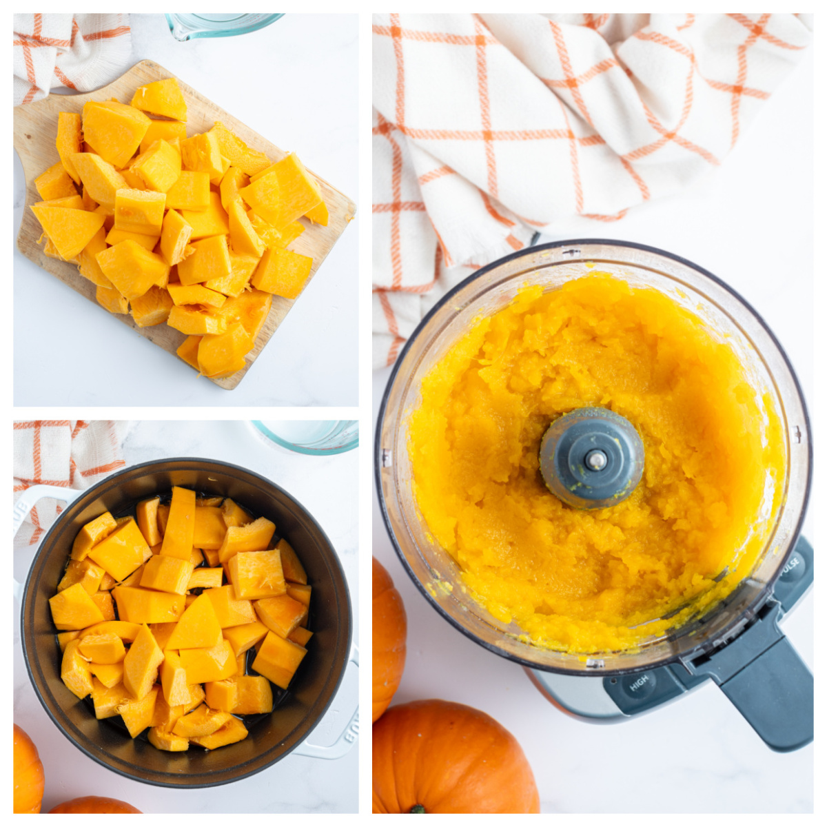 three photos showing how to make pumpkin puree