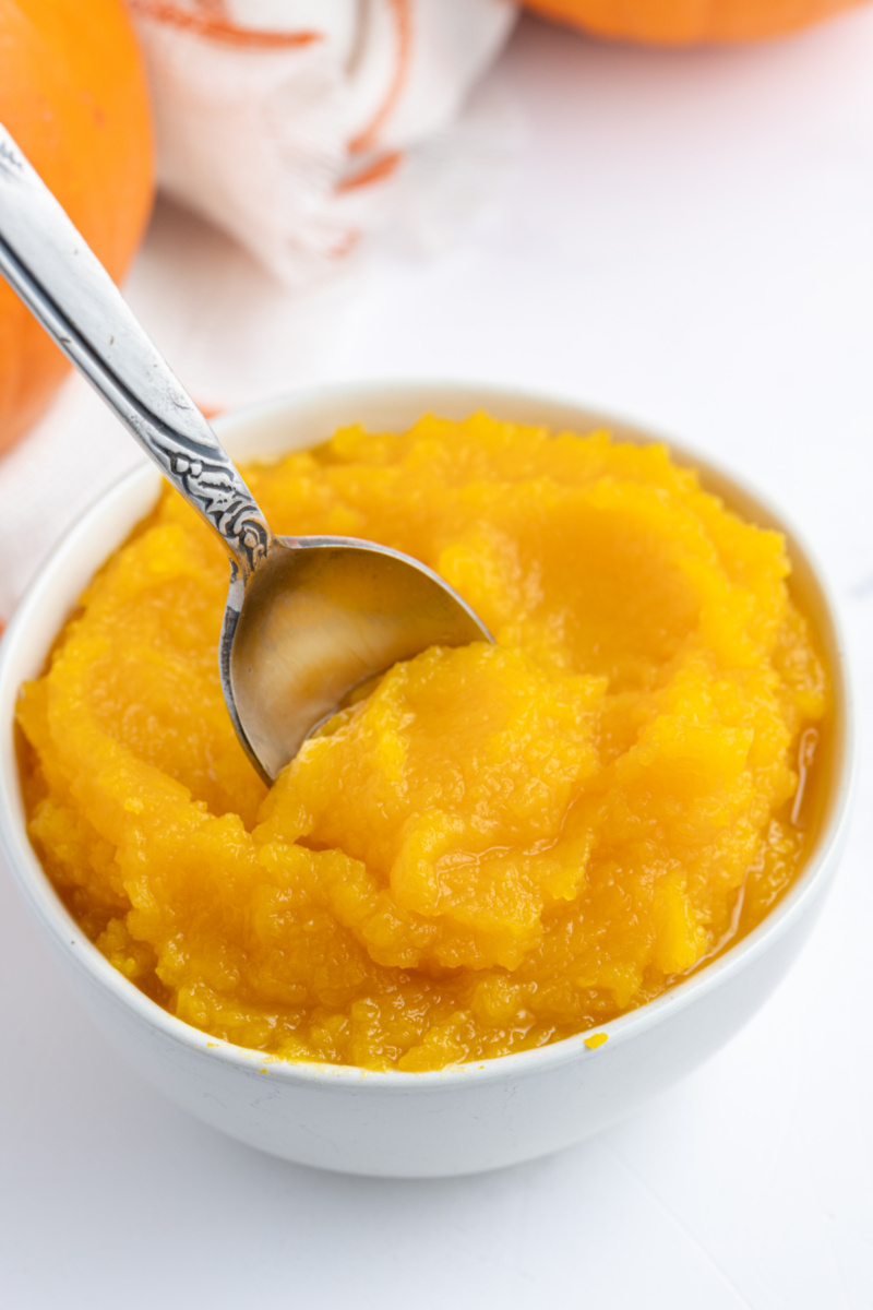 spoon in a bowl of homemade pumpkin puree
