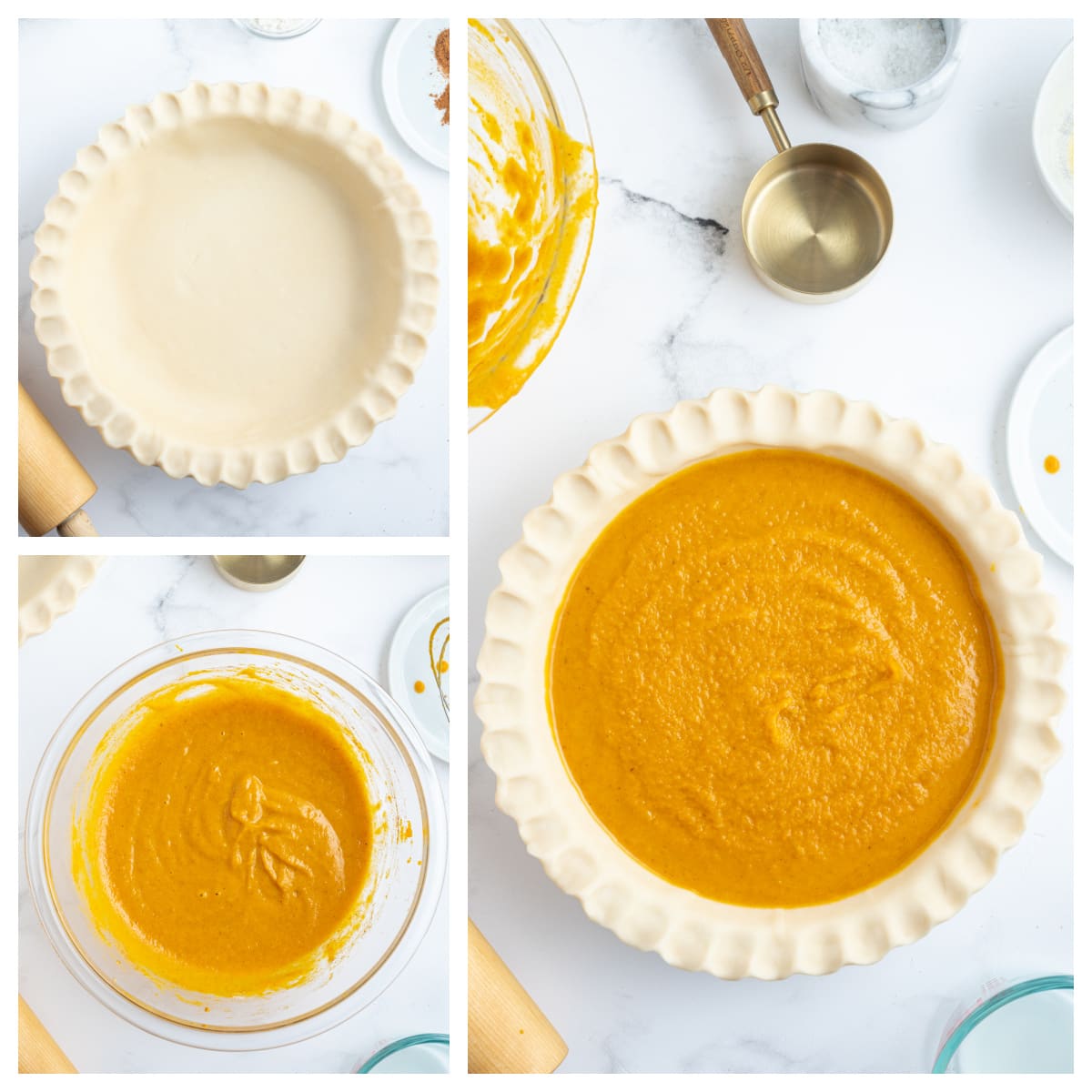 three photos showing assembly of pumpkin pie before baking