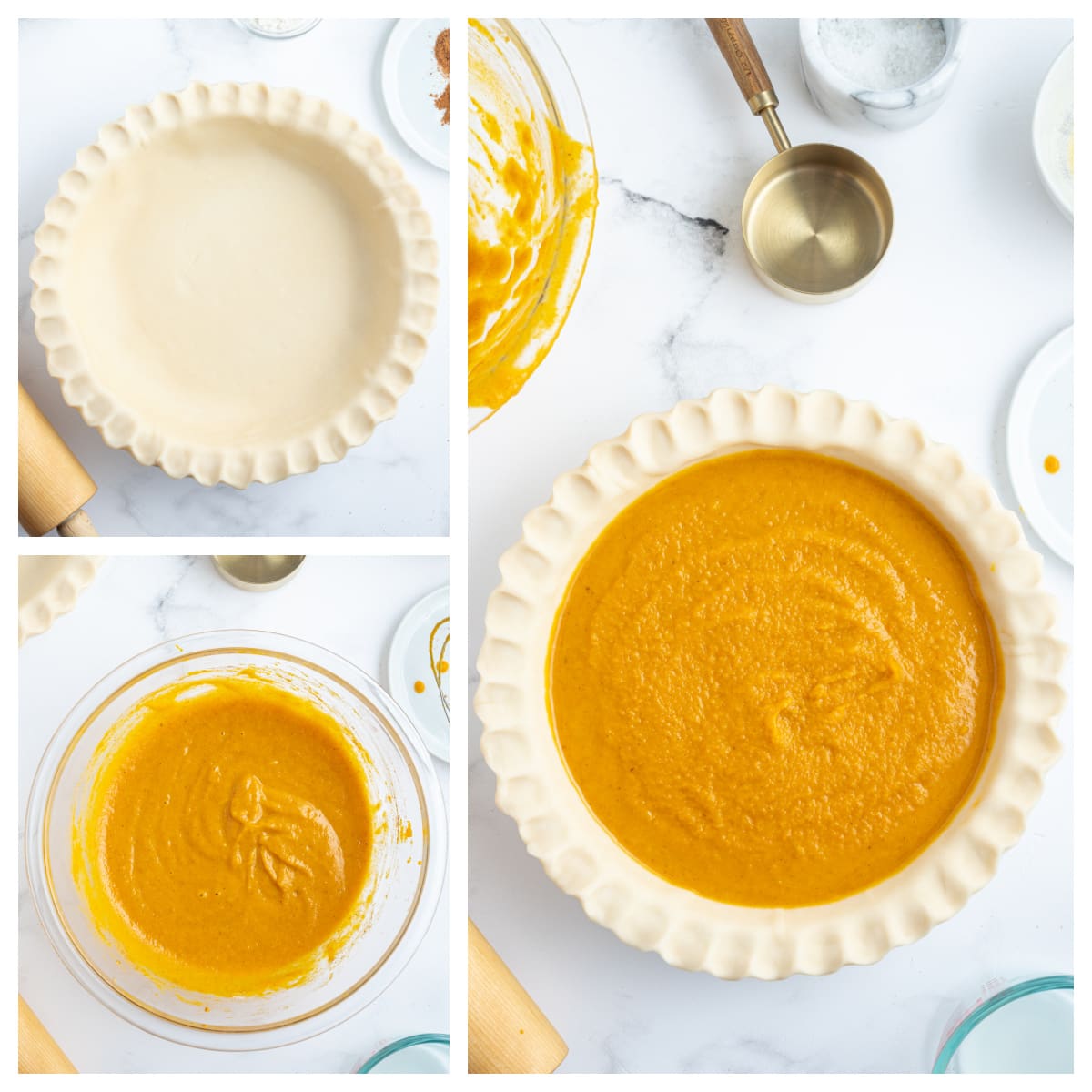 three photos showing assembly of pumpkin pie before baking