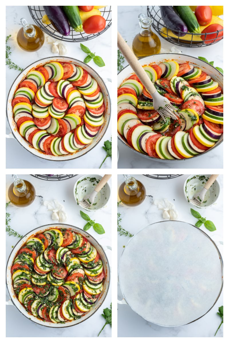 four photos showing how to assemble ratatouille