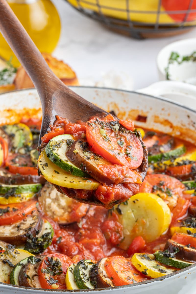 spoon in pan of ratatouille