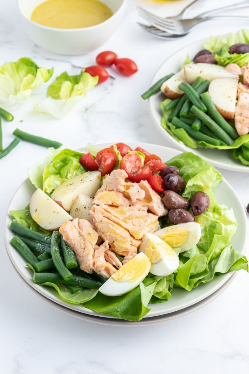 salmon nicoise salad on a plate