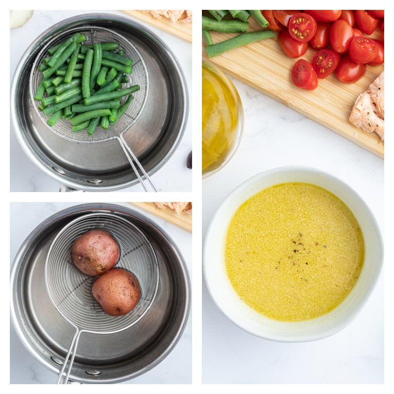 three photos showing steamed green beans, steamed potatoes and bowl of salad dressing