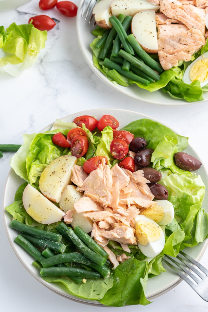 salmon nicoise salad on a plate