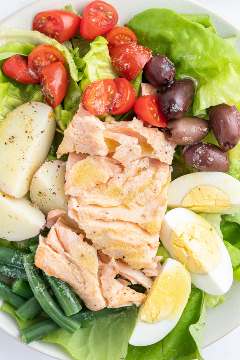 salmon nicoise salad close up