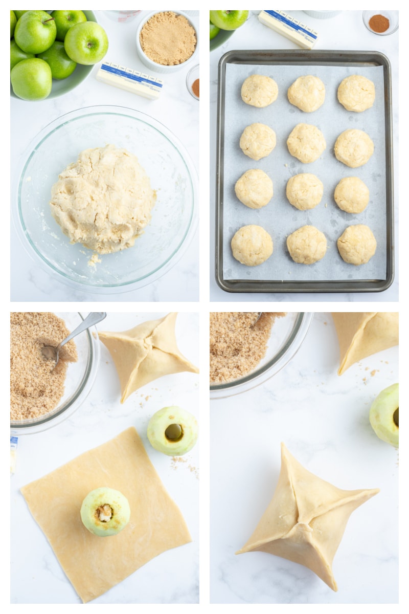 four photos showing how to make apple dumplings