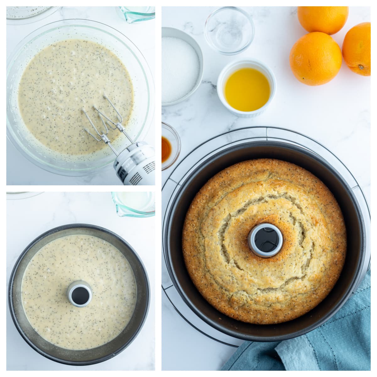 three photos sharing how to make almond orange poppy seed cake