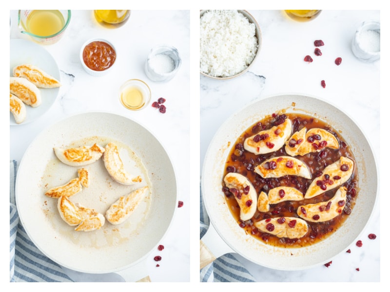 two photos showing how to make apricot cranberry chicken in a skillet