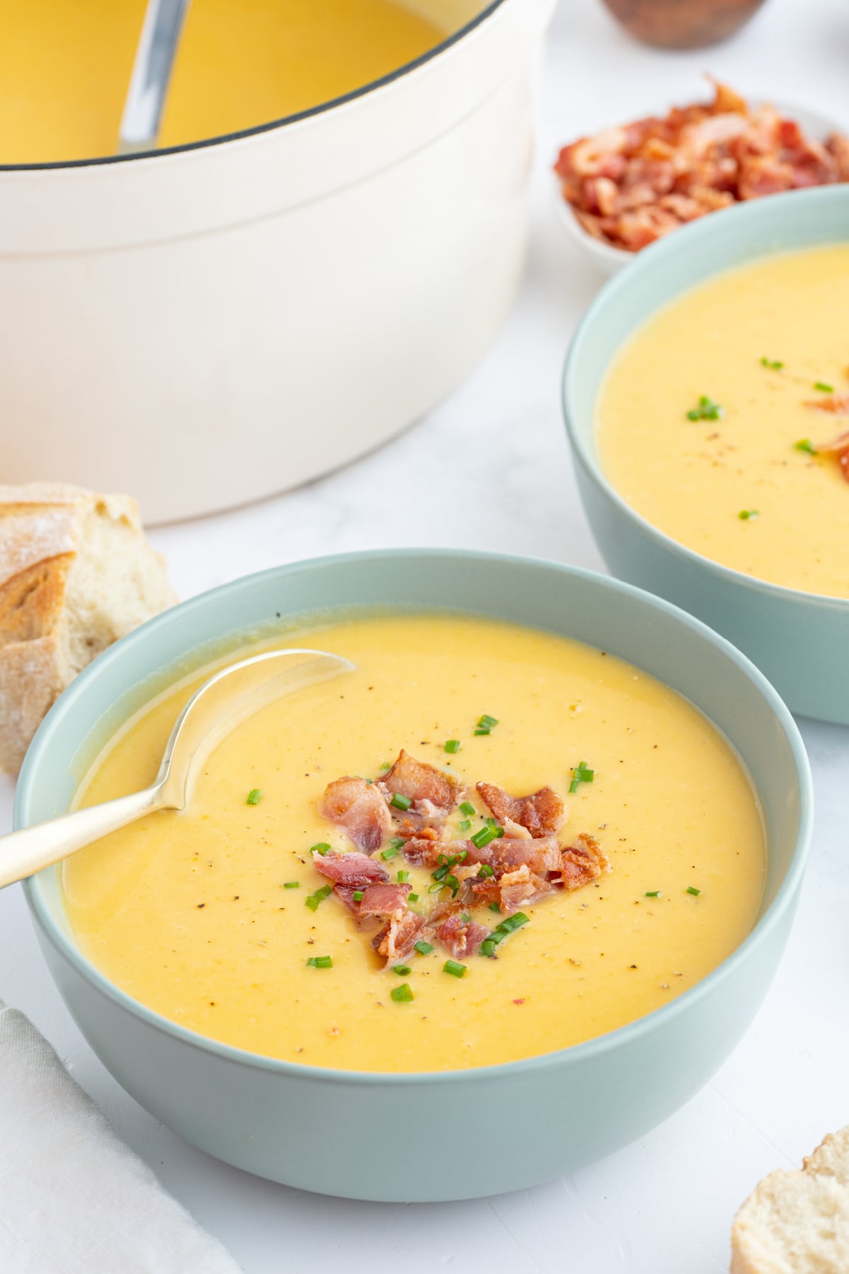 blue bowl with butternut squash soup