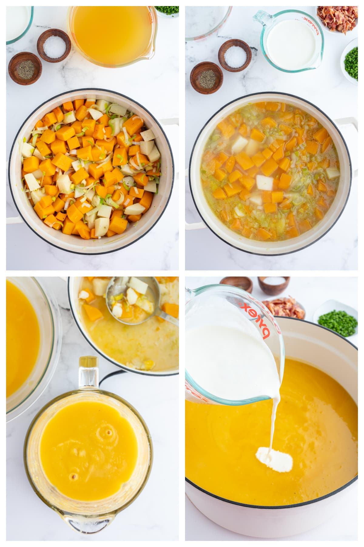 four photos showing how to make butternut squash and potato soup