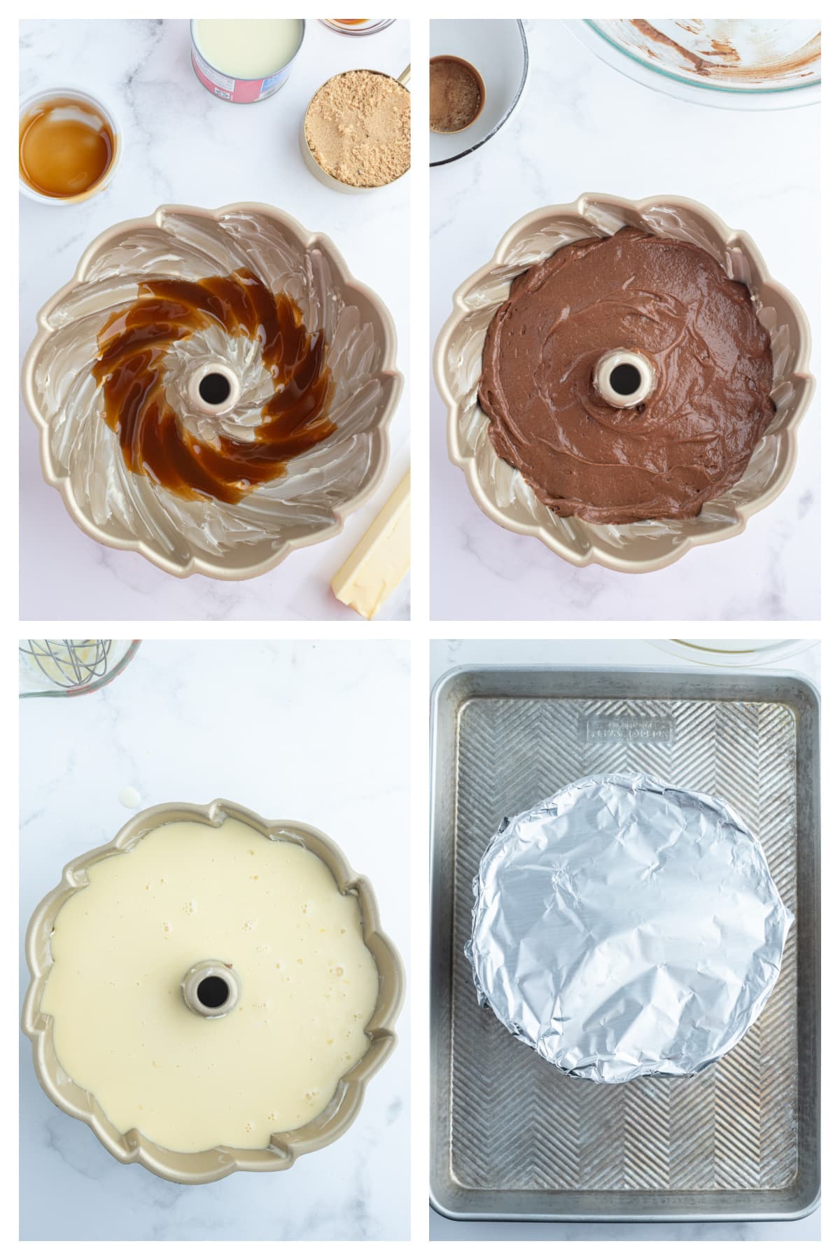 four photos showing how to make chocoflan