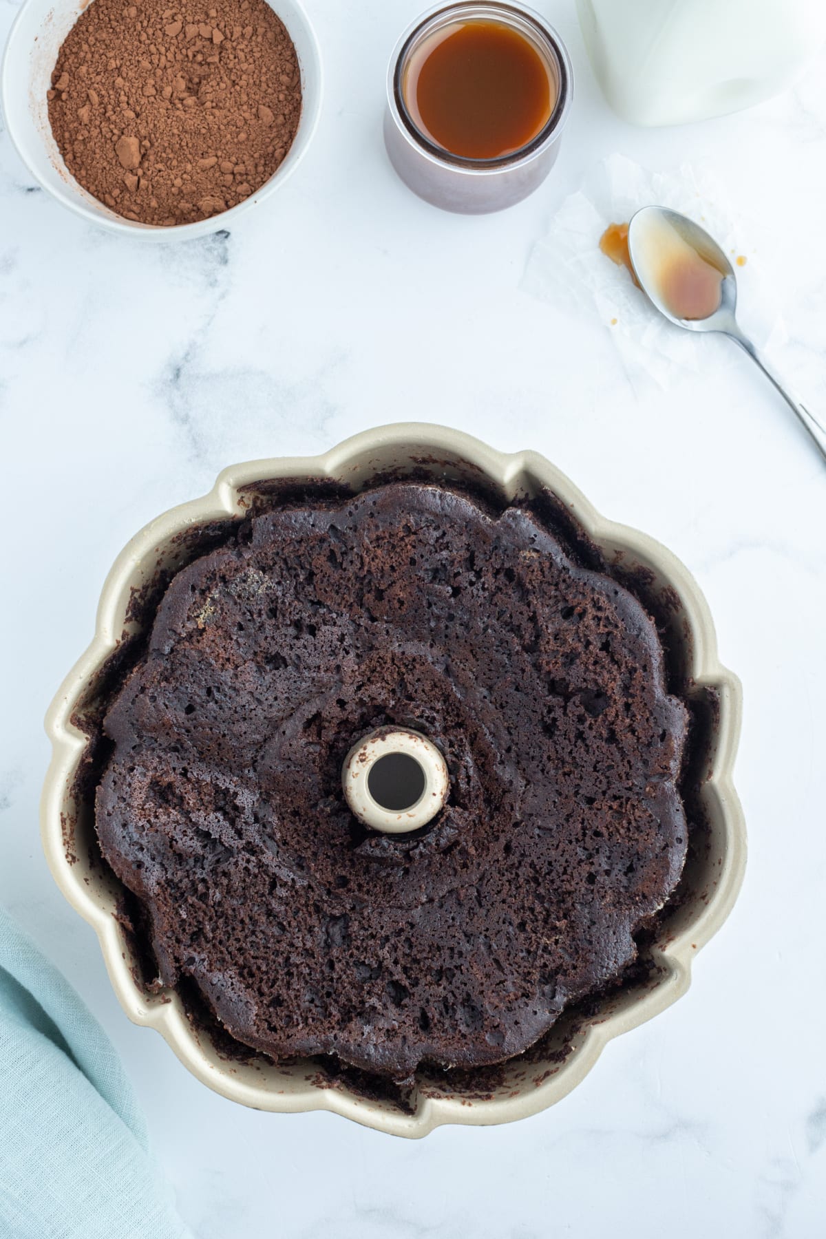 overhead shot of chocoflan in pan