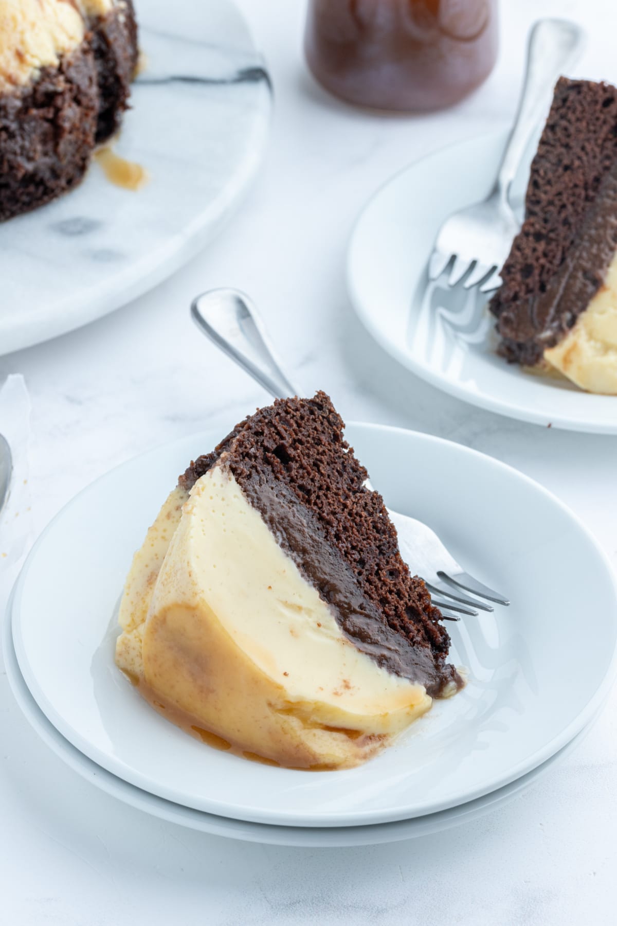 slice of chocoflan on plate