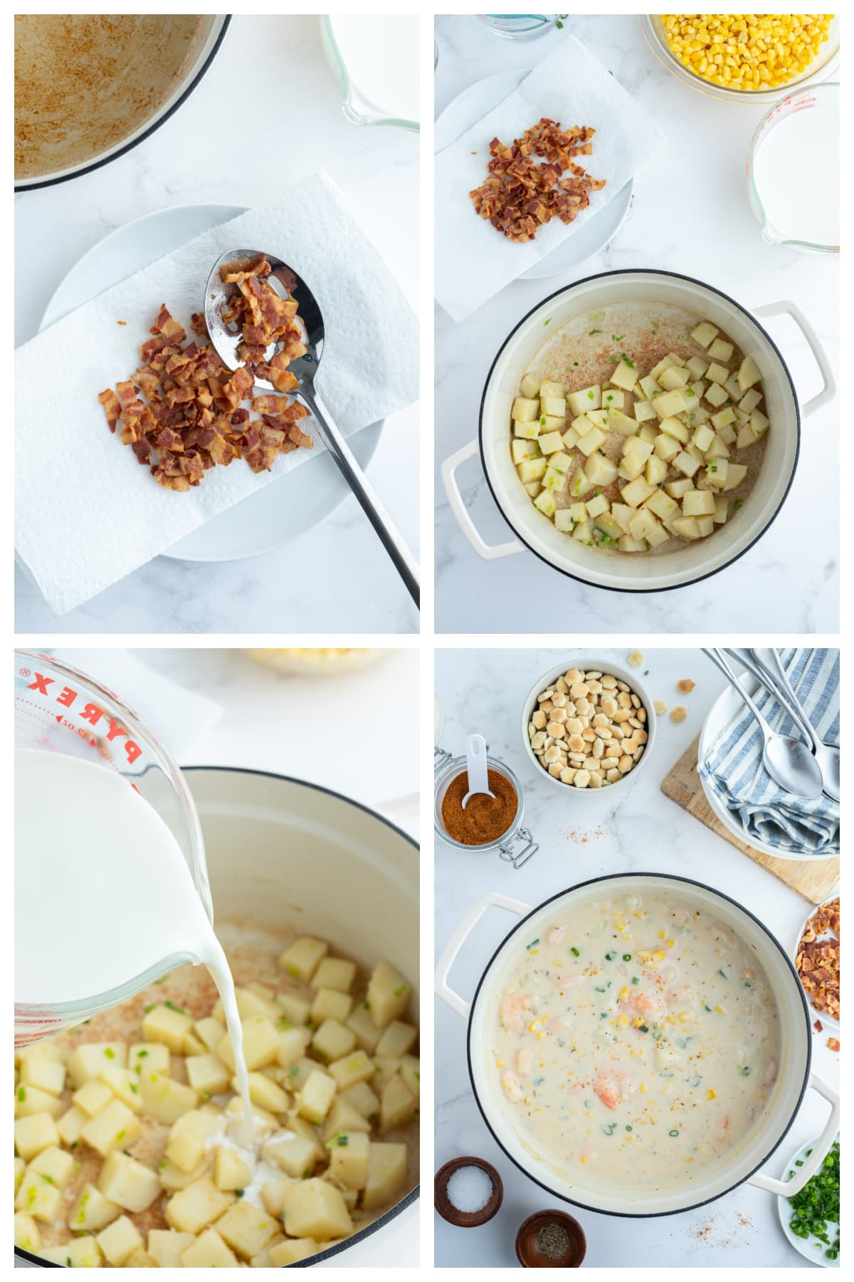 four photos showing how to make corn and shrimp chowder