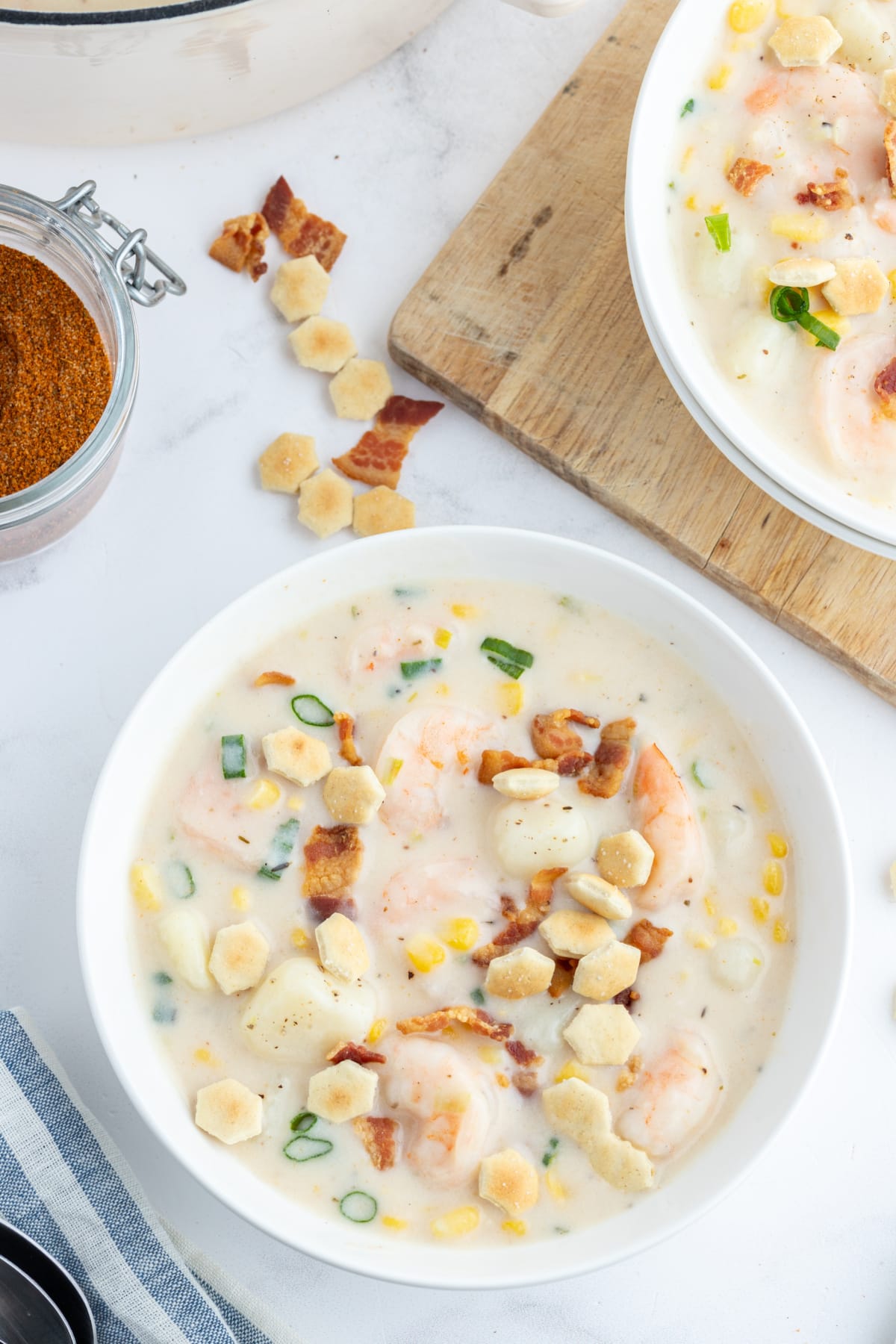 serving of corn and shrimp chowder in bowl