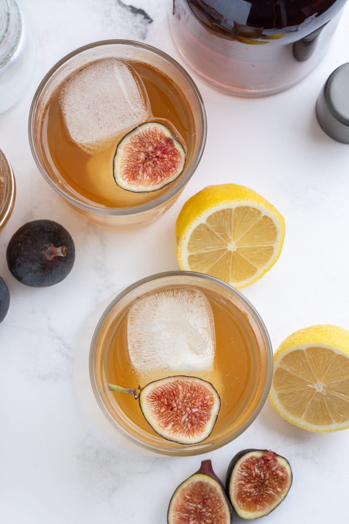 overhead shot of two fig old fashioned