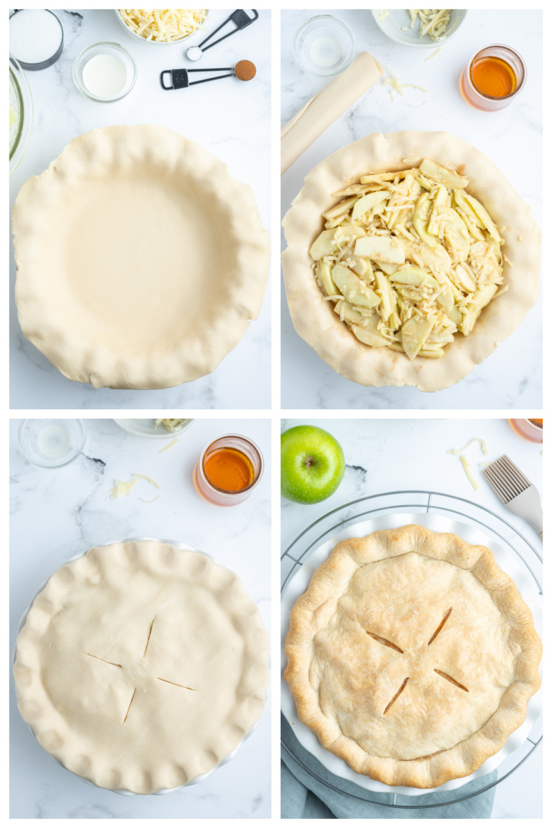 four photos showing how to make maple apple pie