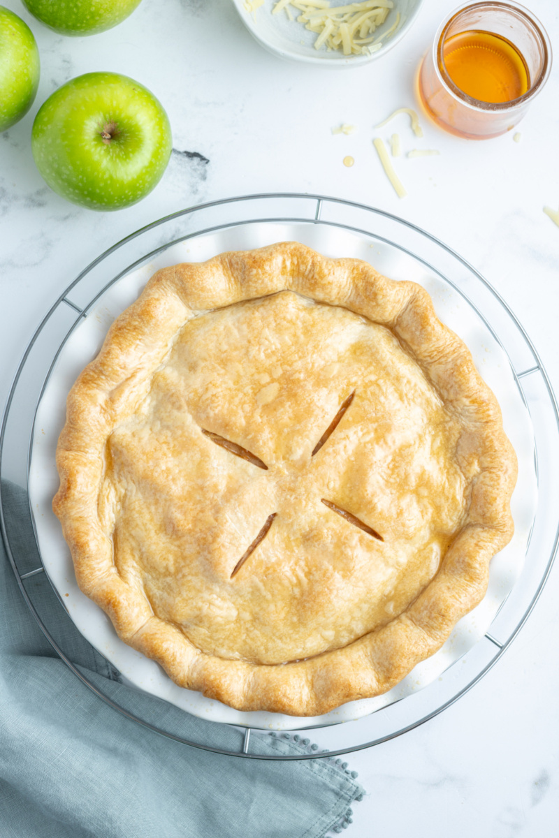 whole maple apple pie overhead shot