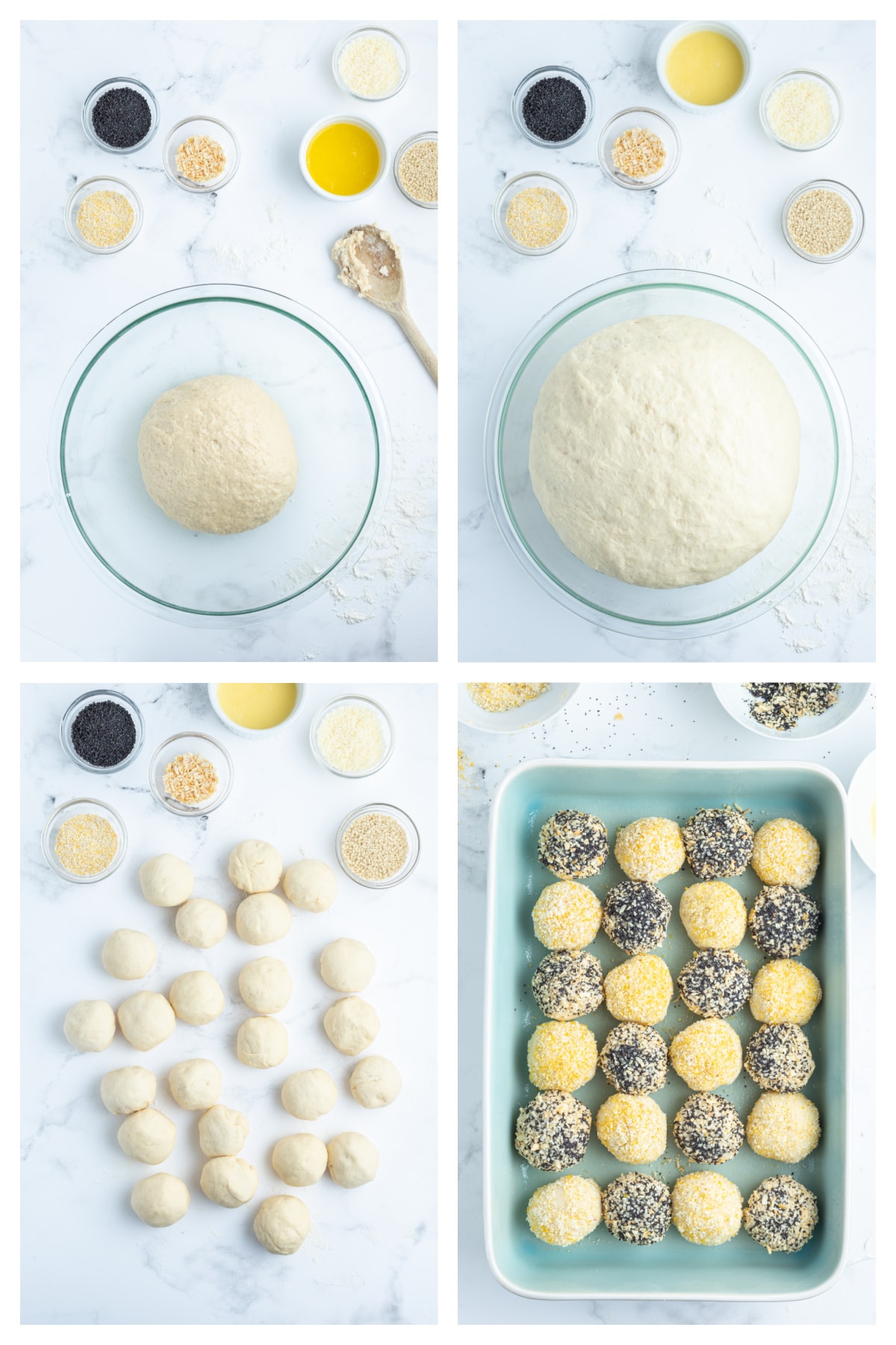 four photos showing how to make checkerboard dinner rolls