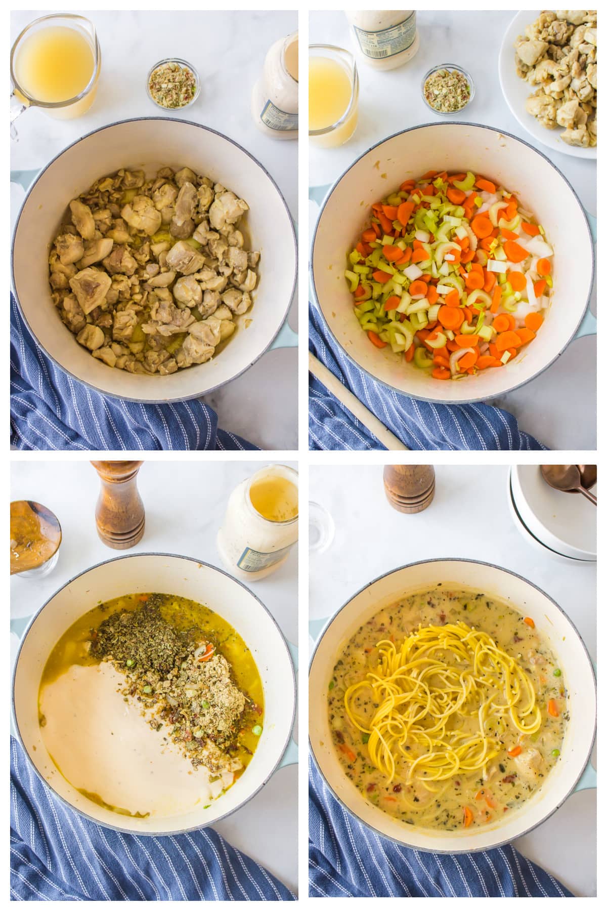 four photos sharing how to make chicken alfredo soup