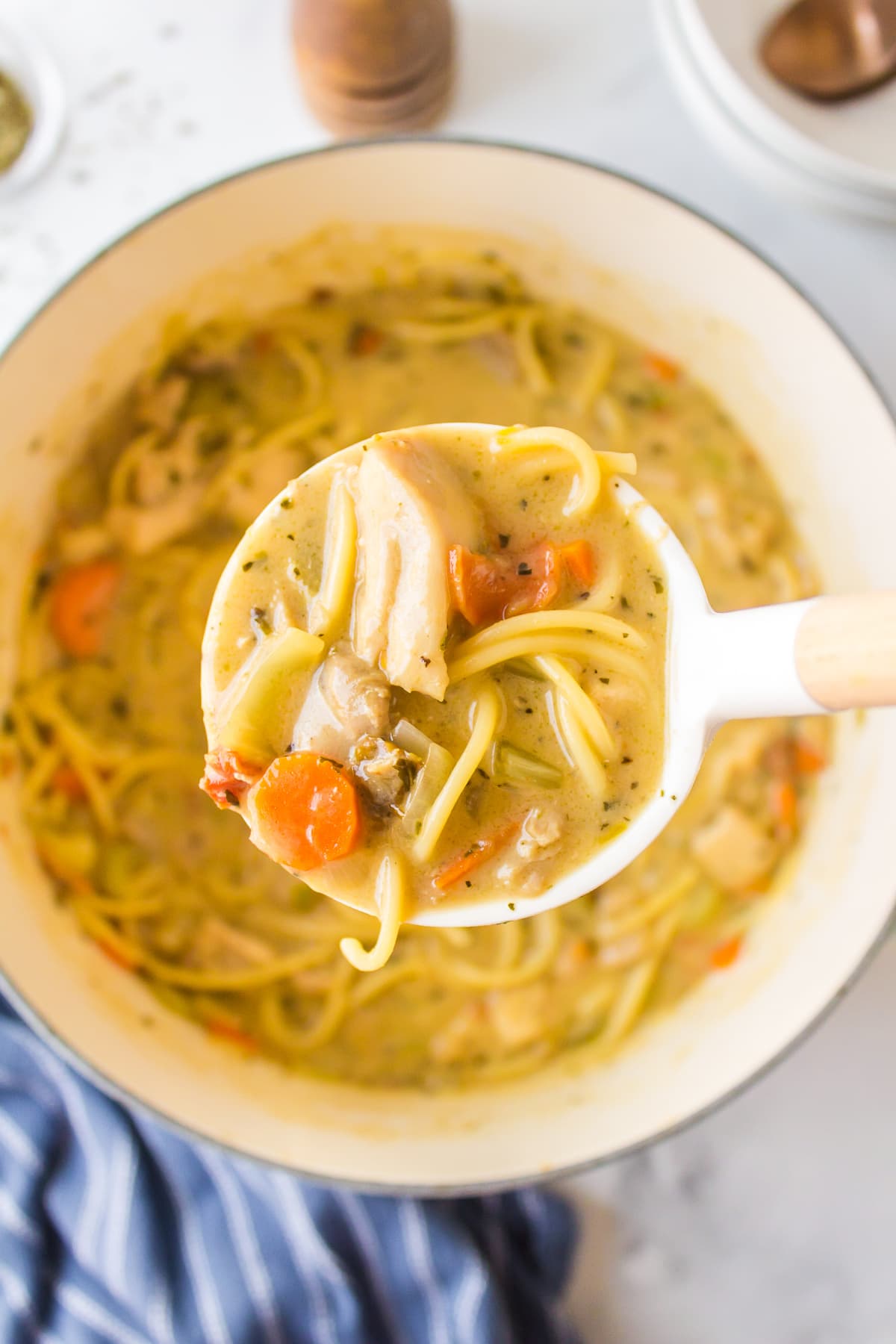 ladle full of chicken alfredo soup