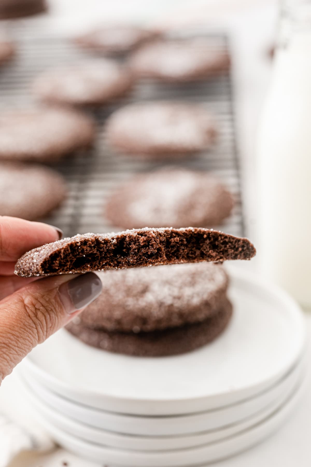 hand holding half of a chocolate sugar cookie to see the inside