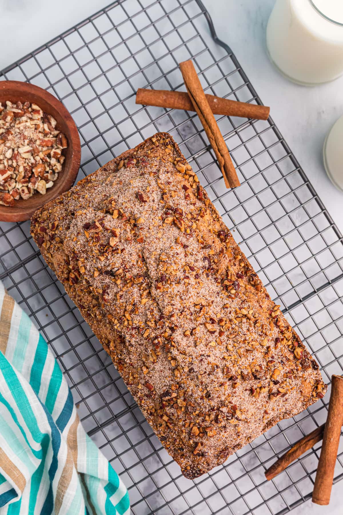 overhead shot of loaf of cinnamon pecan bread