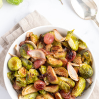 bowl of sheet pan balsamic brussels sprouts
