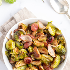 bowl of sheet pan balsamic brussels sprouts