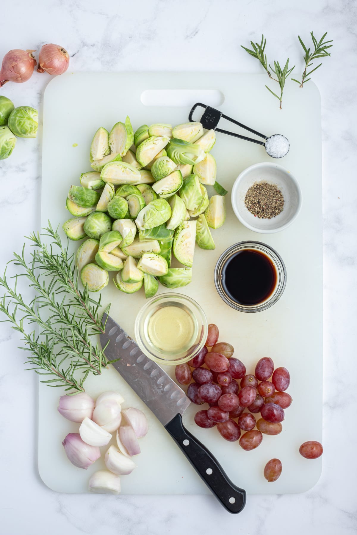 ingredients displayed for making sheet pan balsamic brussels sprouts