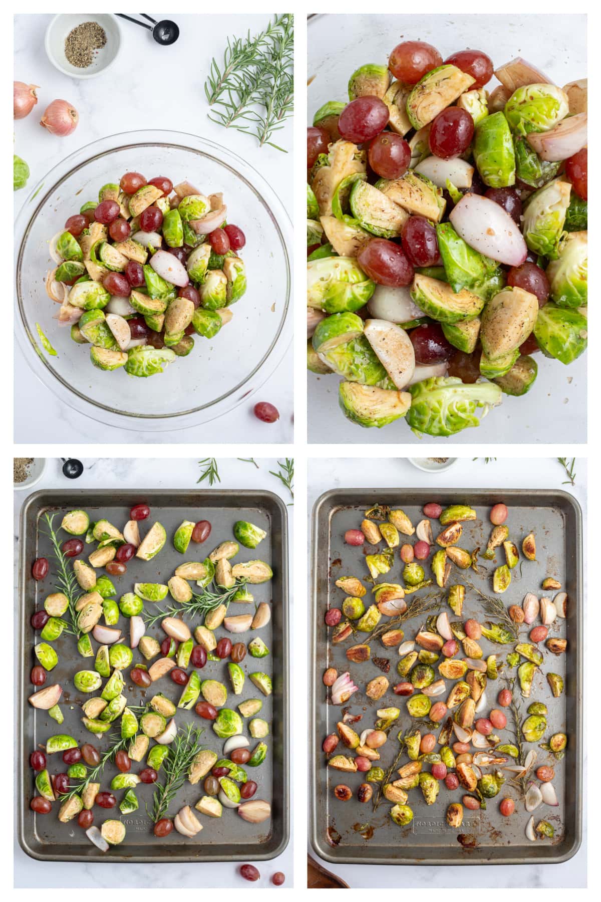 four photos showing how to make sheet pan balsamic brussels sprouts