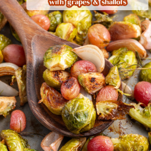 pinterest image for sheet pan balsamic brussels sprouts