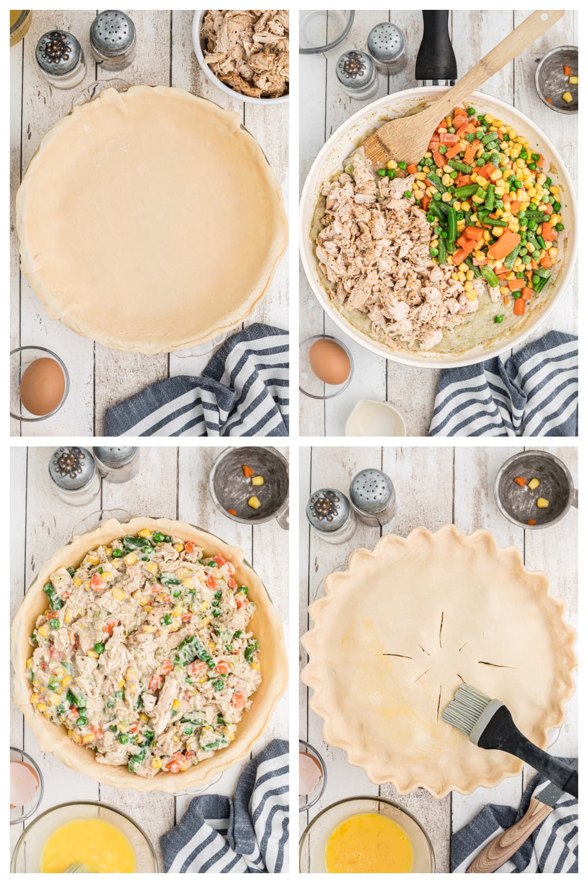 four photos showing how to make turkey pot pie