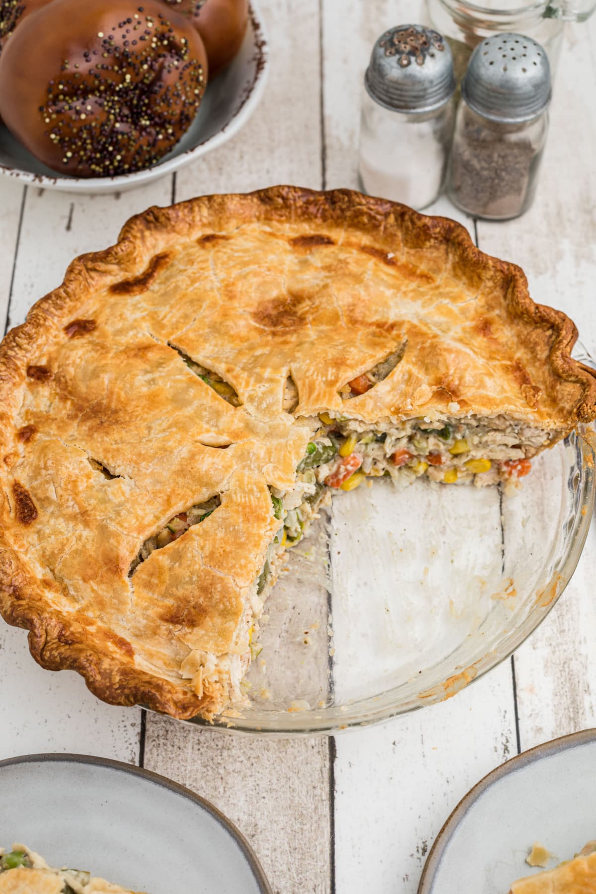 turkey pot pie with large slice taken out