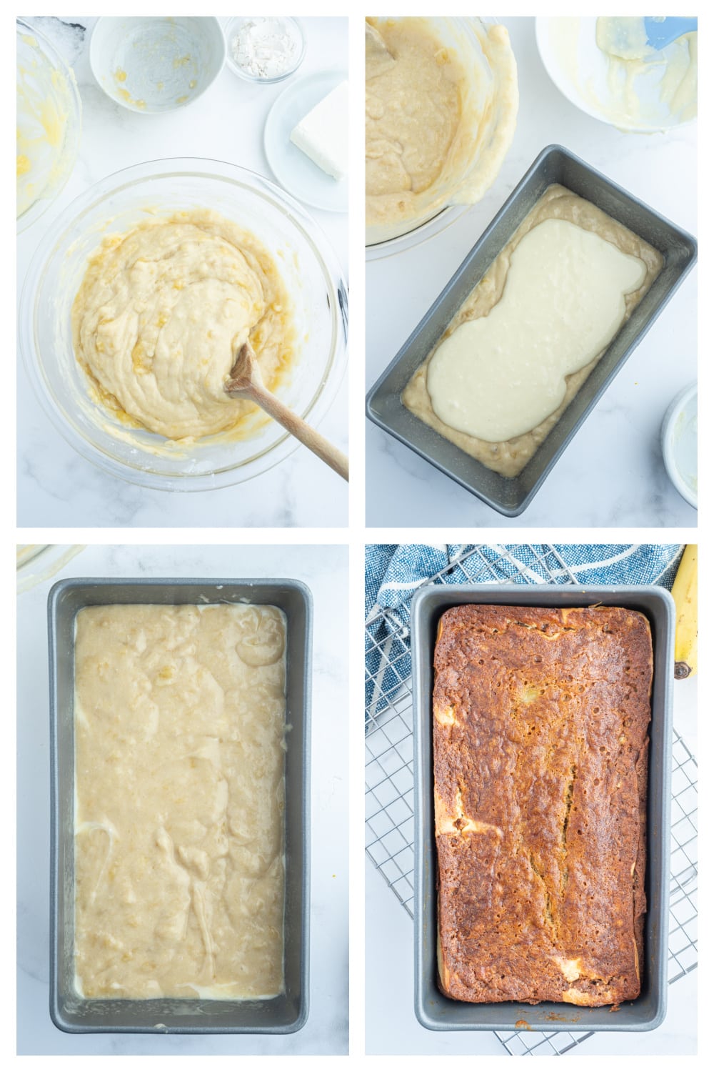 four photos showing how to make cheesecake banana bread
