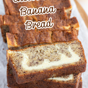 pinterest image for cheesecake banana bread