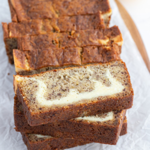 slices of cheesecake banana bread stacked